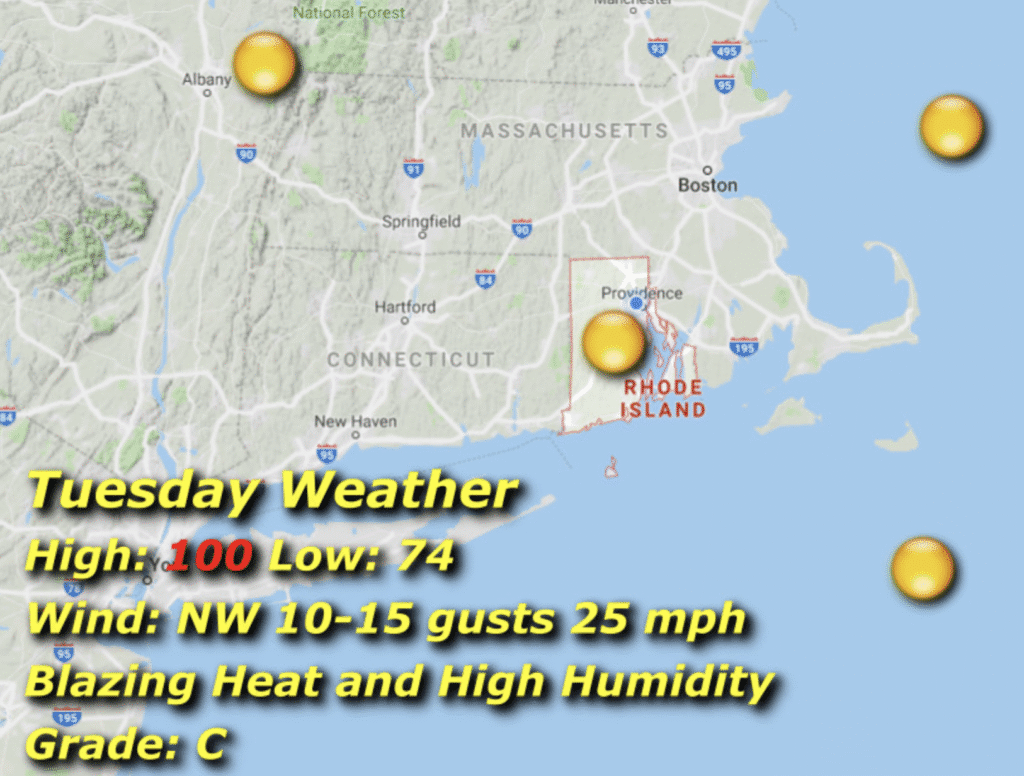 A weather map showing Tuesday's forecast with temperature and wind details.