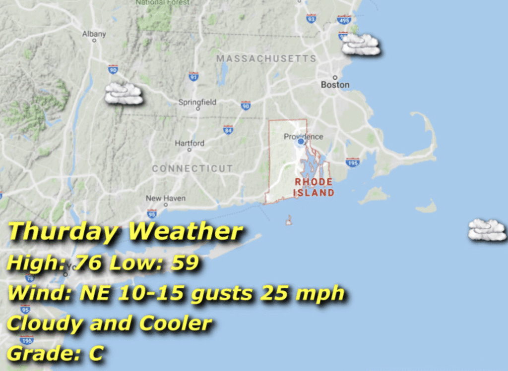 Weather map showing Boston area with clouds and wind conditions.