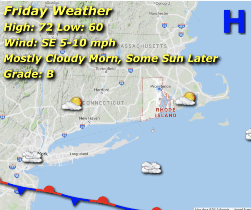 Weather map showing cloudy skies and temperatures in the 70s with light winds.