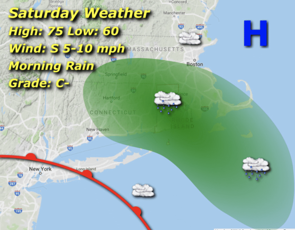 Weather map showing Saturday forecast with rain over Florida and surrounding areas.