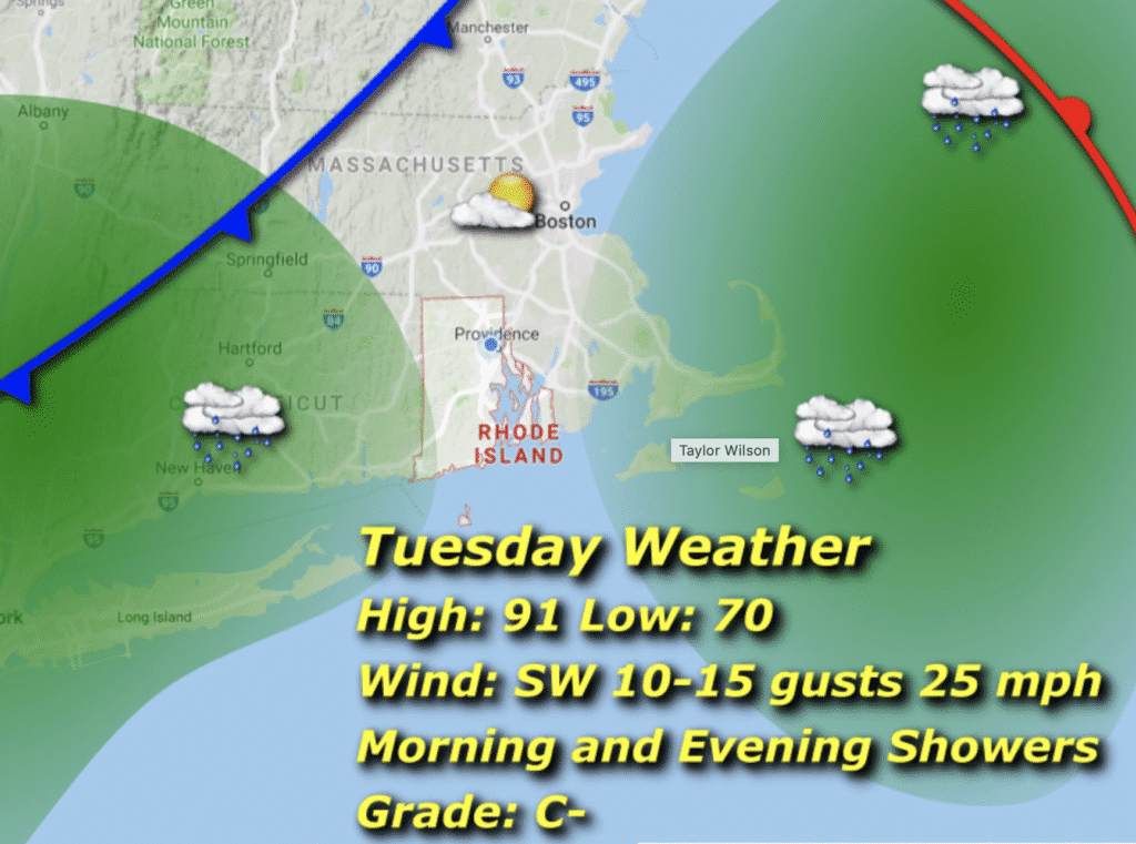 Tuesday weather map showing high 91, low 70 with wind from SW 10-15 mph.
