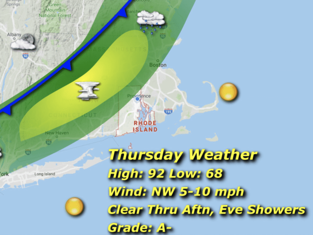 Weather map showing Thursday's high of 92°F and low of 68°F with clear conditions.