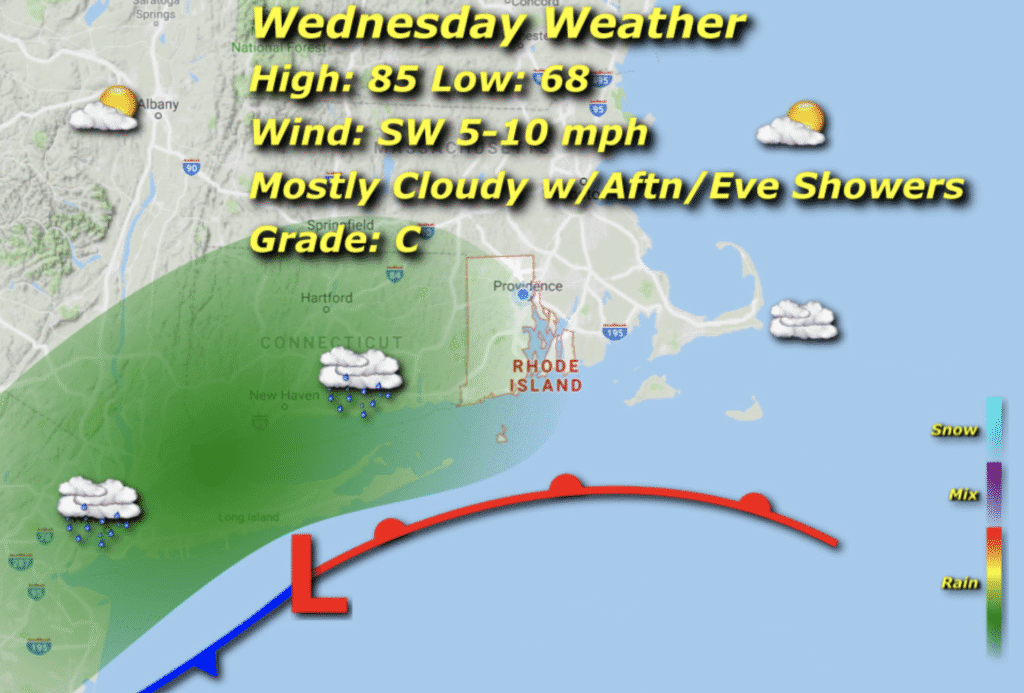 Weather map showing a warm front with a weather forecast.