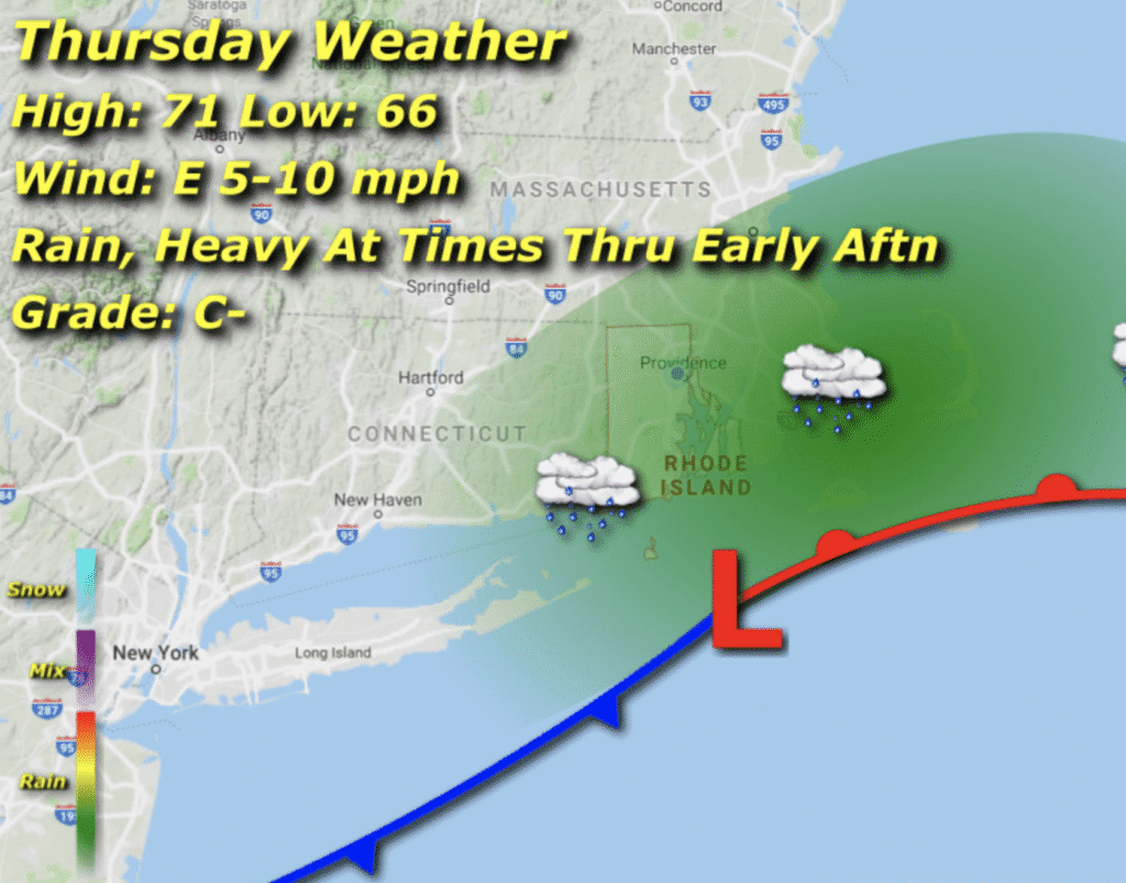 Weather map showing a cold front and low pressure over the northeastern US.