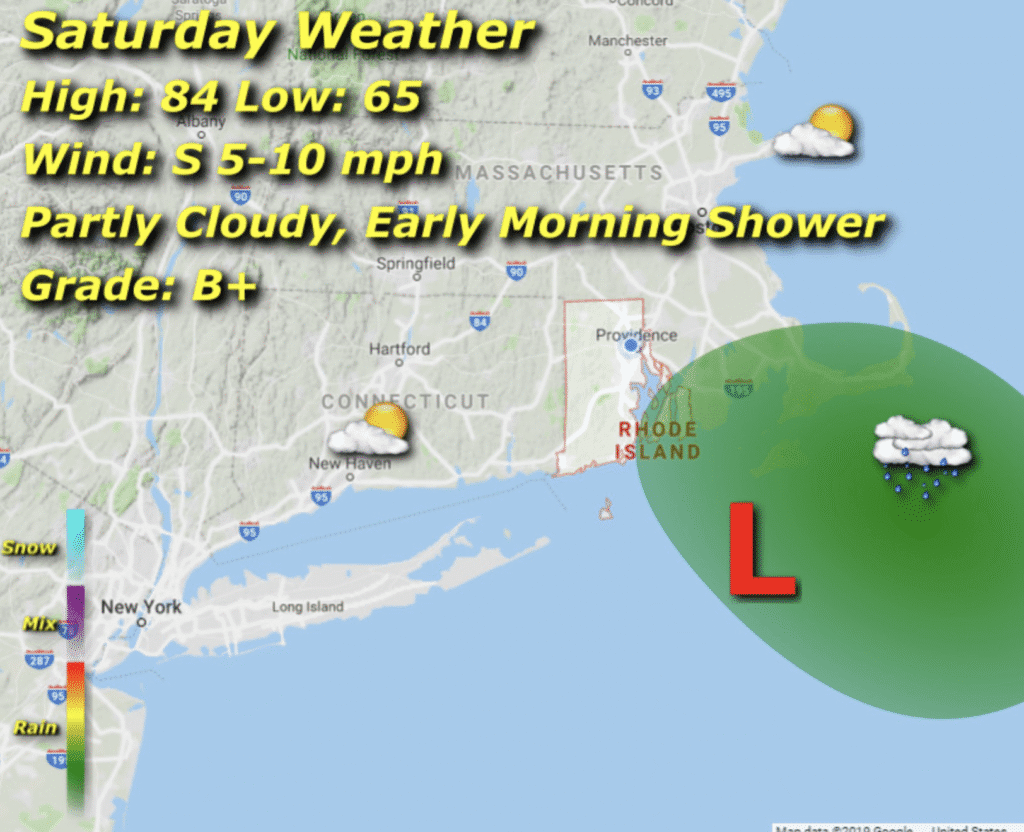 Weather map showing a low-pressure system and coastal forecasts for Saturday with temperatures around mid-60s.
