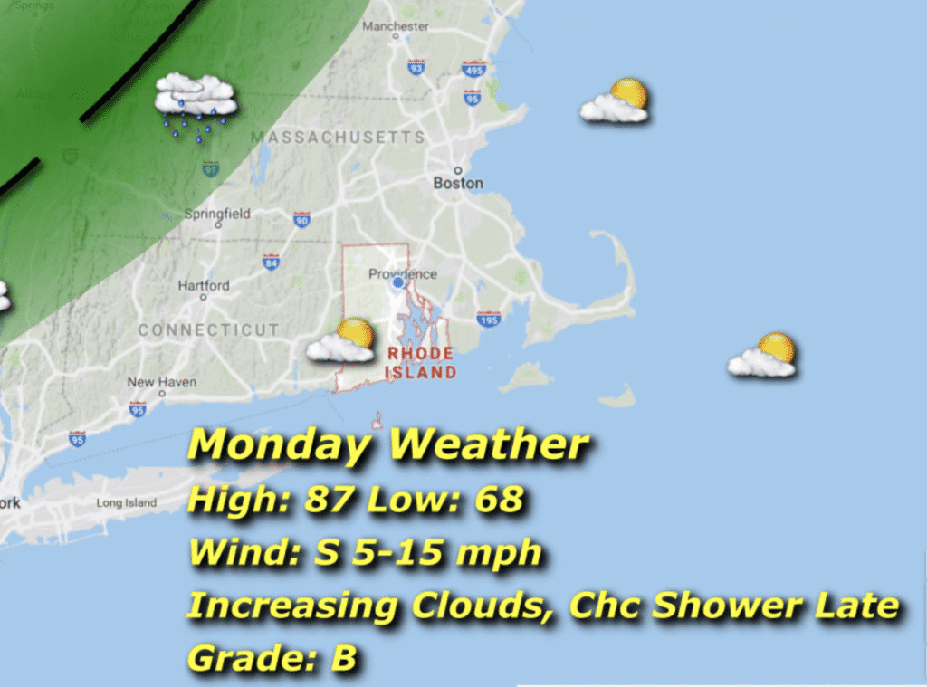 Monday weather forecast with highs of 87°F and low of 68°F, wind at 5-15 mph.