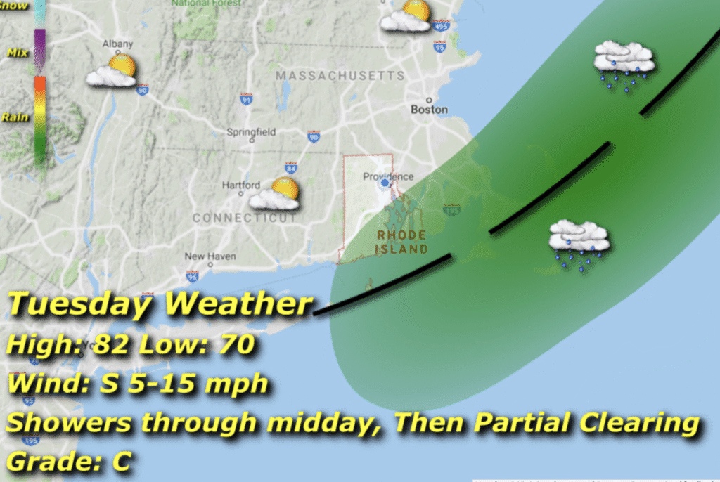 Weather map showing cloudy and rainy conditions in parts of Massachusetts.