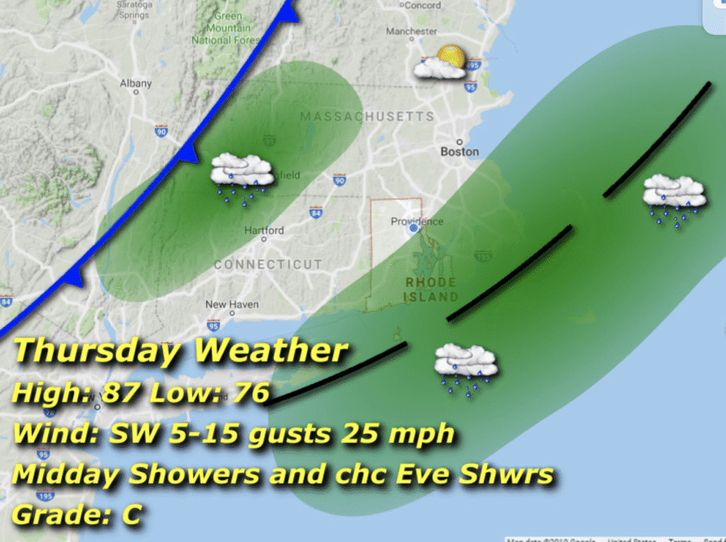 Weather map showing a cold front with rain and wind forecasts for Tuesday.