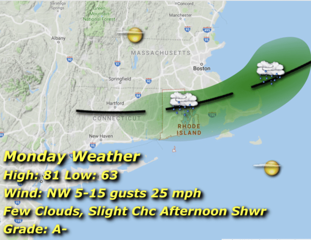 Weather forecast map showing a cold front and weather conditions for Sunday.