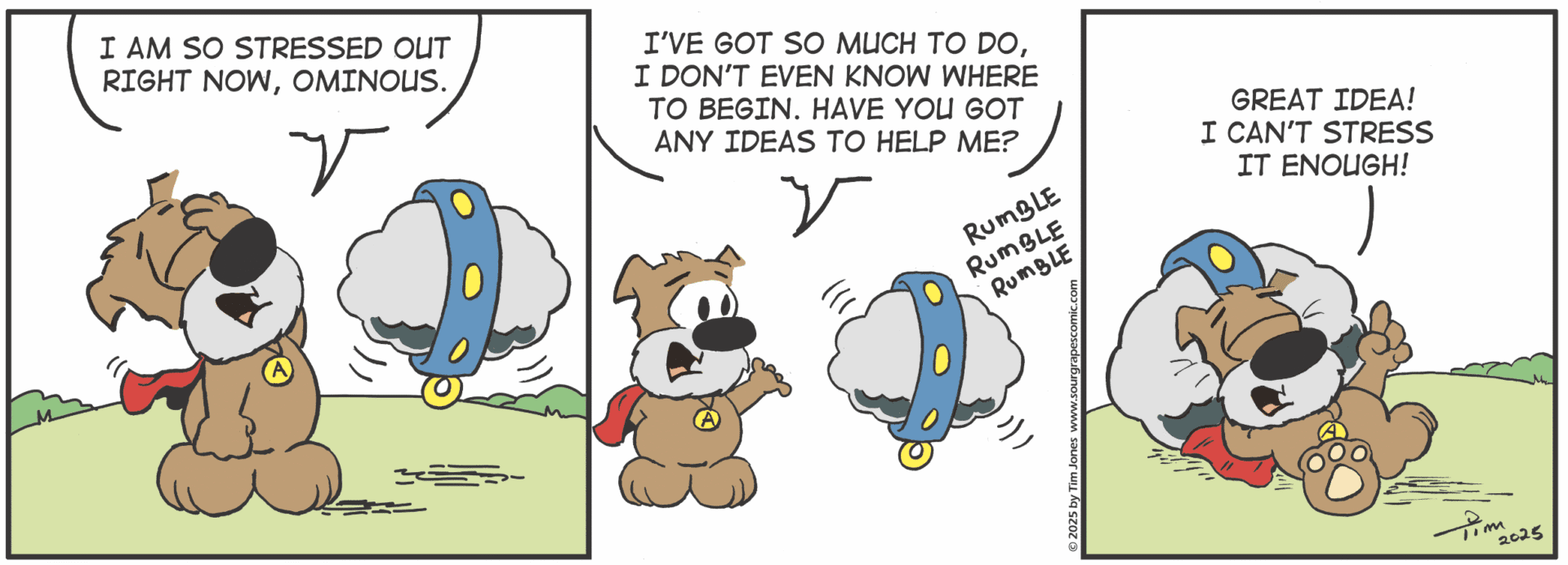 A stressed dog seeks help from a UFO for his many tasks.