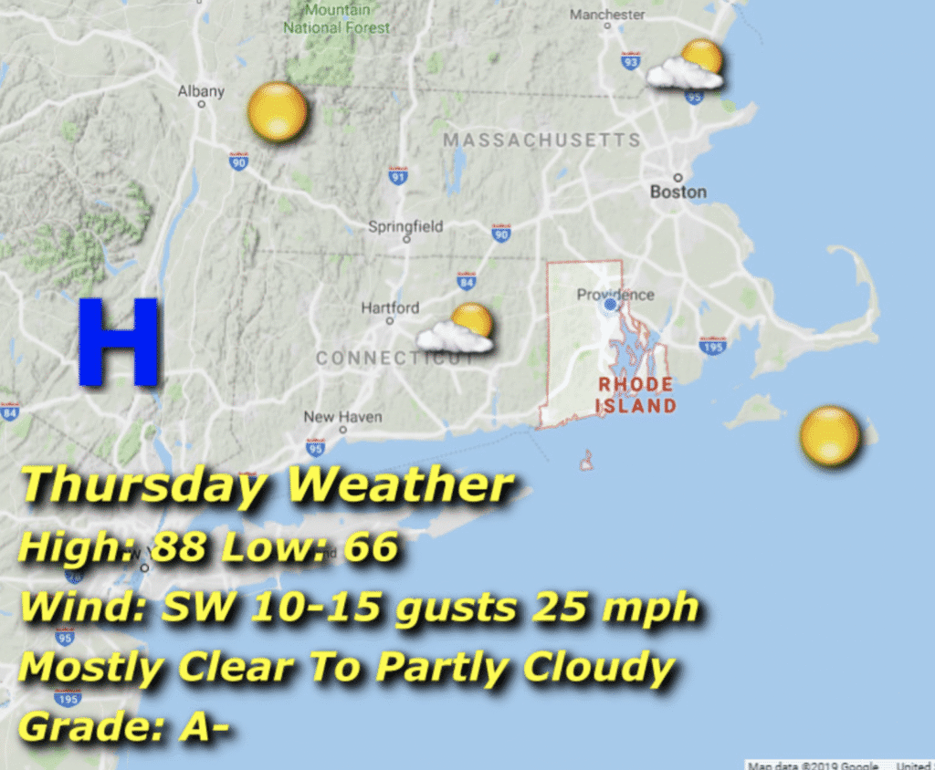 Weather map showing Thursday's forecast for Boston and nearby areas.