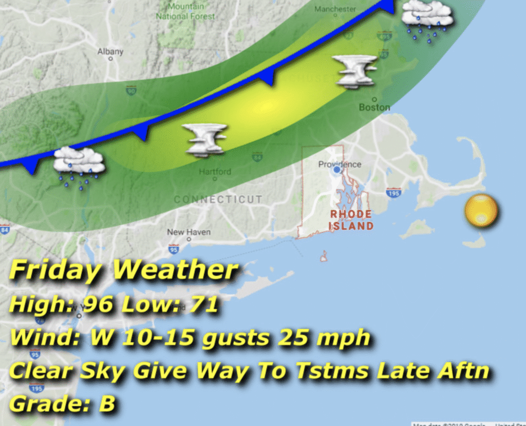 Weather map showing a cold front and forecast details for Rhode Island.