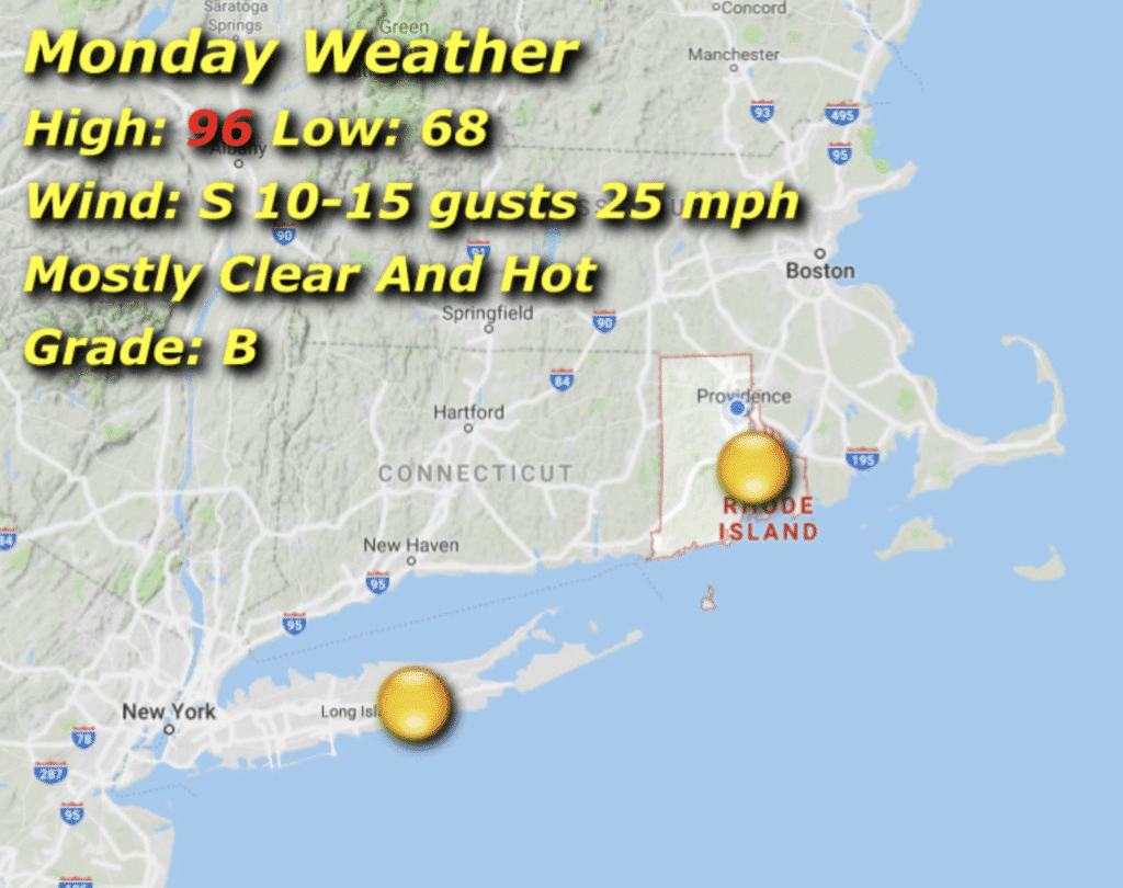Weather map showing hot and mostly clear conditions with wind gusts up to 25 mph.