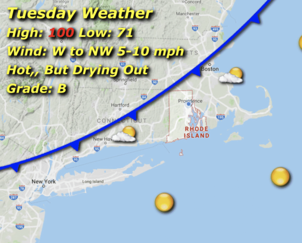 Weather map showing Tuesday's forecast with temperature and wind details.