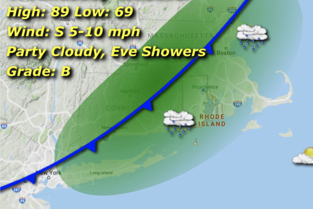 Weather map showing a cold front with cloudy skies and evening showers.