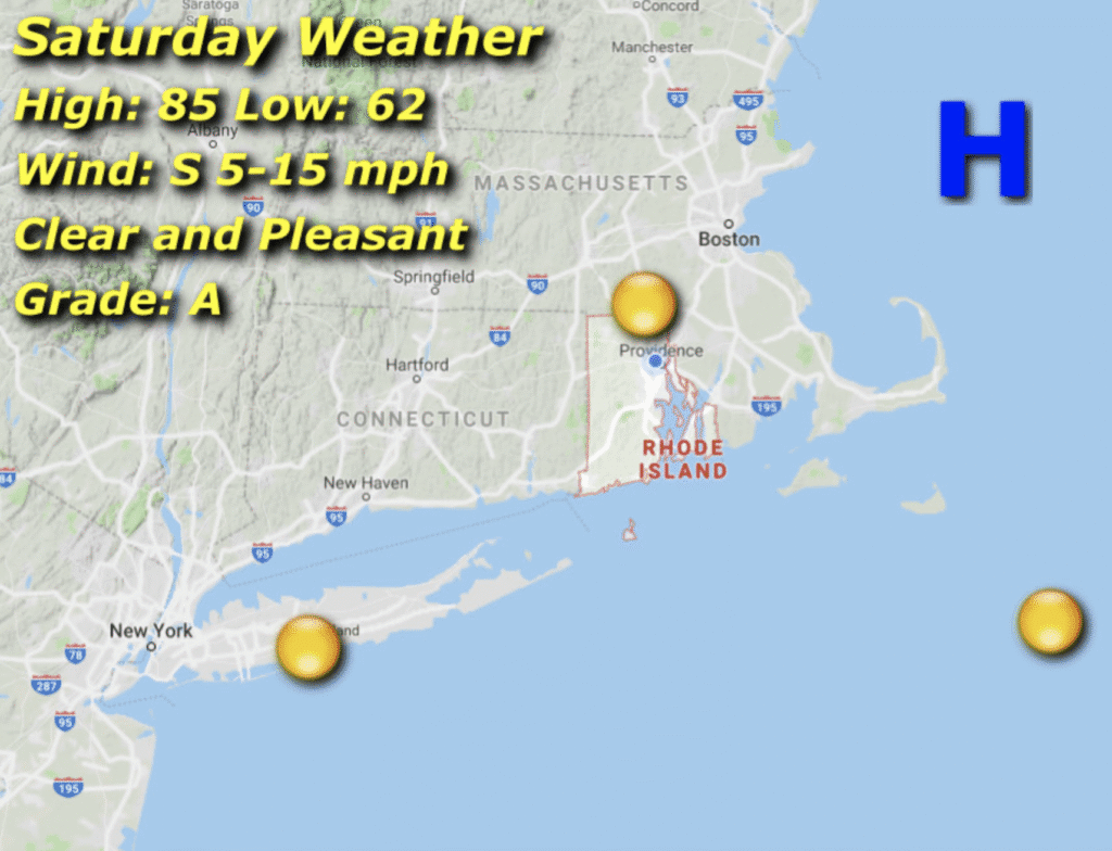 Weather map showing sunny conditions over parts of New England with temperatures in the 60s and 70s.