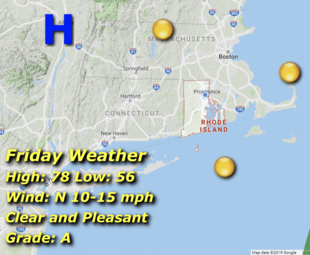 Weather map showing holiday forecast for New England with mild temperatures and light winds.