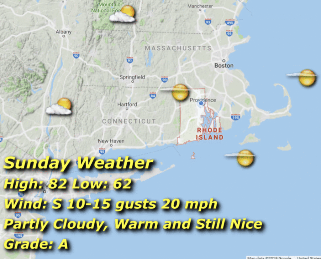 Weather update showing warm, windy conditions in Boston area.