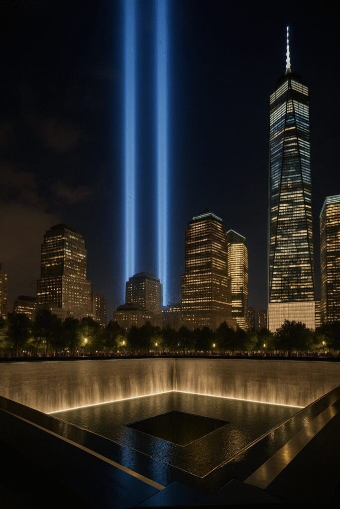 Twin beams of light shine in a city skyline at night.