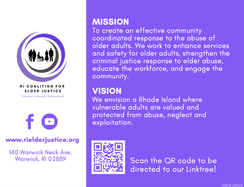 Mission and vision of an adult abuse prevention organization in Rhode Island.