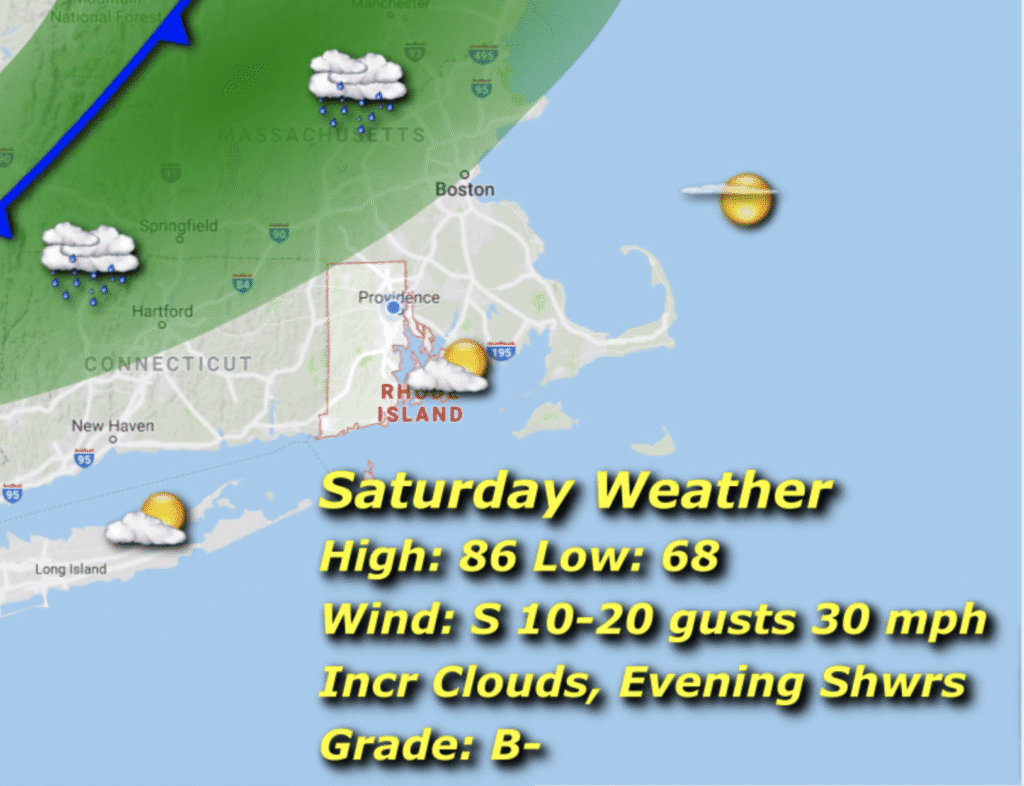 Weather forecast for Saturday with highs of 86°F and evening showers.