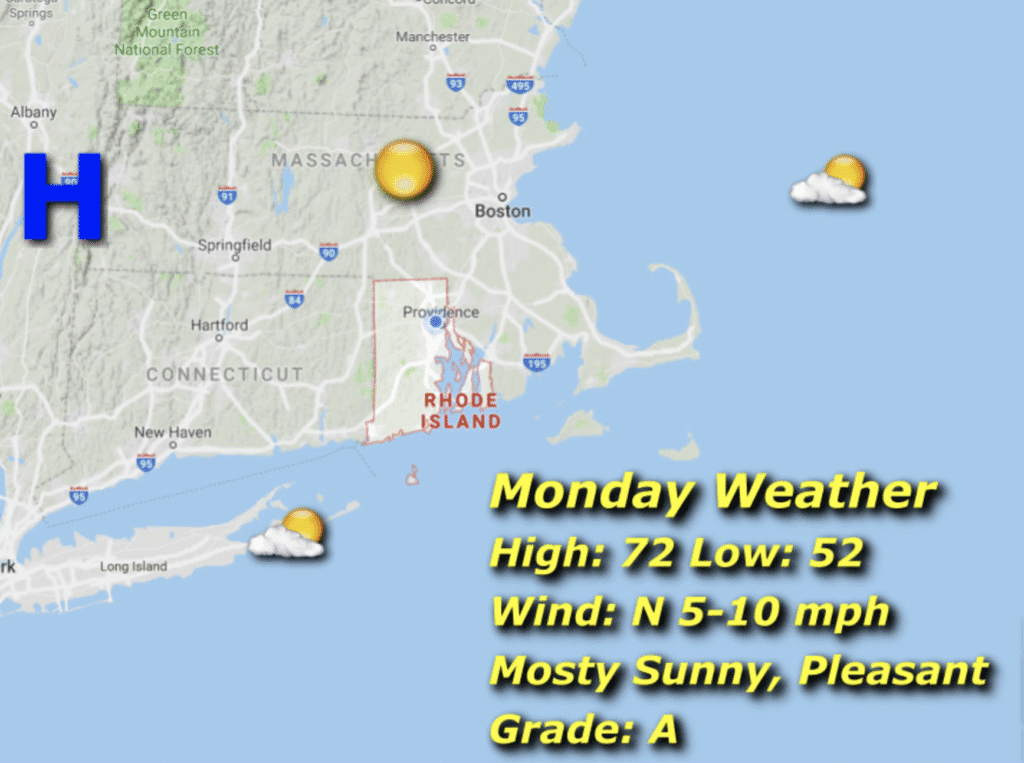 Monday's weather forecast showing highs in the low 70s with mostly sunny skies.