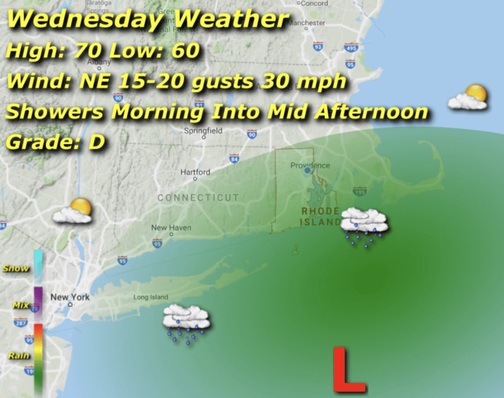 Weather map showing rain and wind conditions for Wednesday.