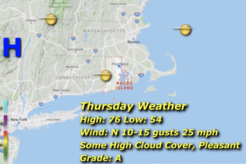 Weather map showing Thursday's forecast with temperatures and wind details.