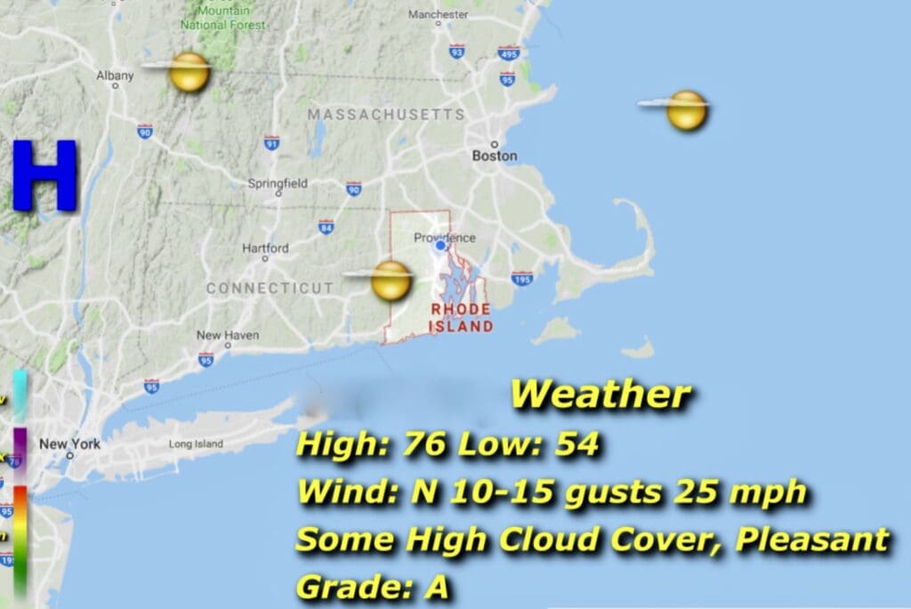 Weather map showing Boston's temperature and conditions with icons.