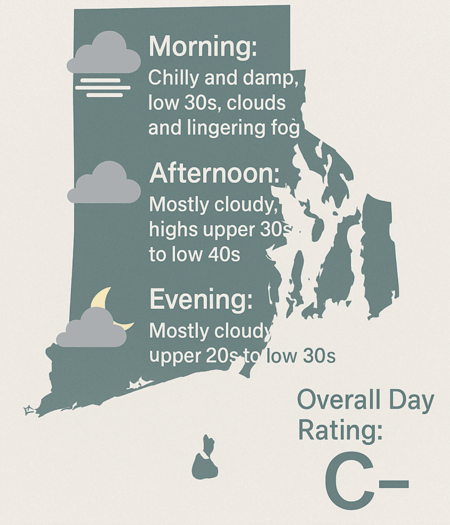 Weather forecast showing temperatures and conditions for morning and afternoon.