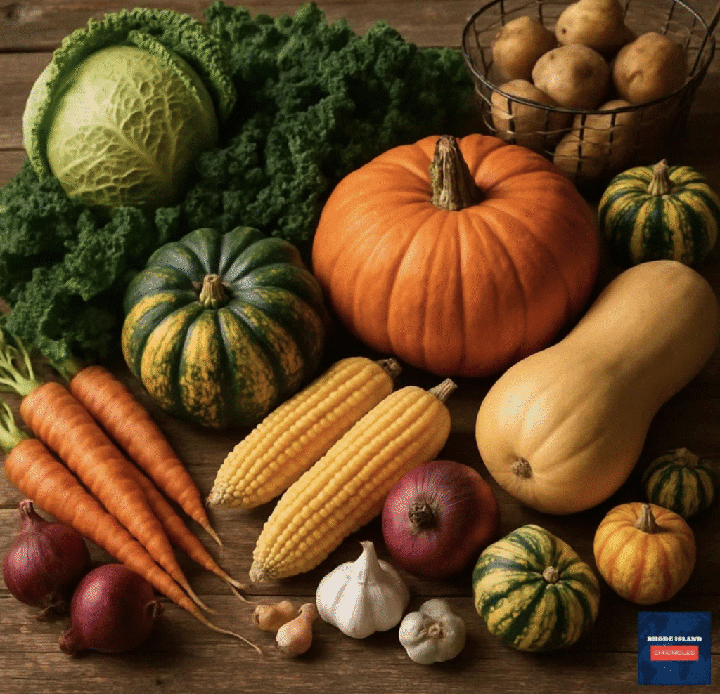A colorful assortment of fresh vegetables including carrots, squash, and pumpkins.