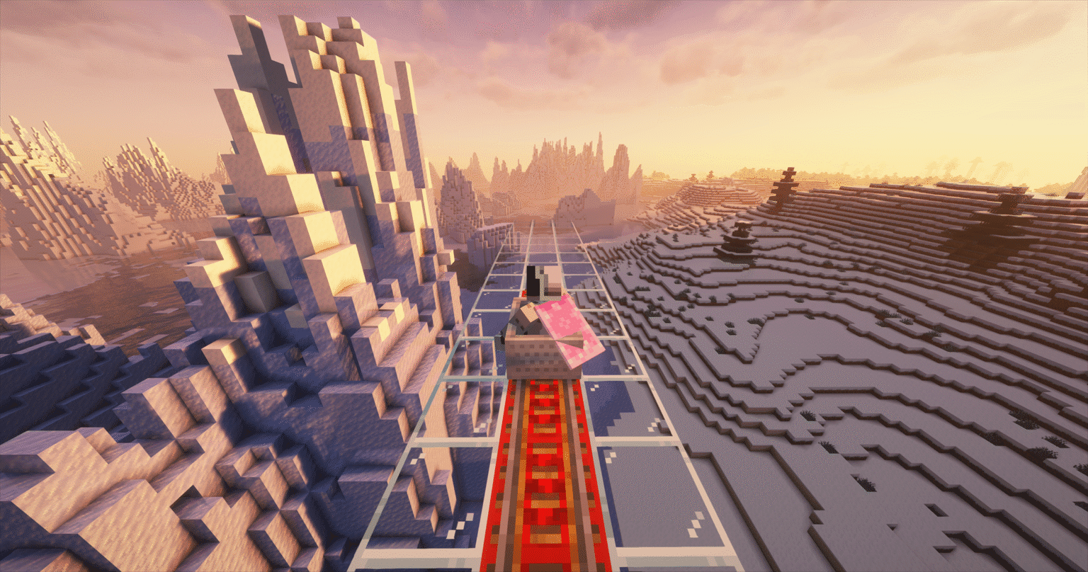 A Minecraft roller coaster at sunset with a pink minecart on red tracks.