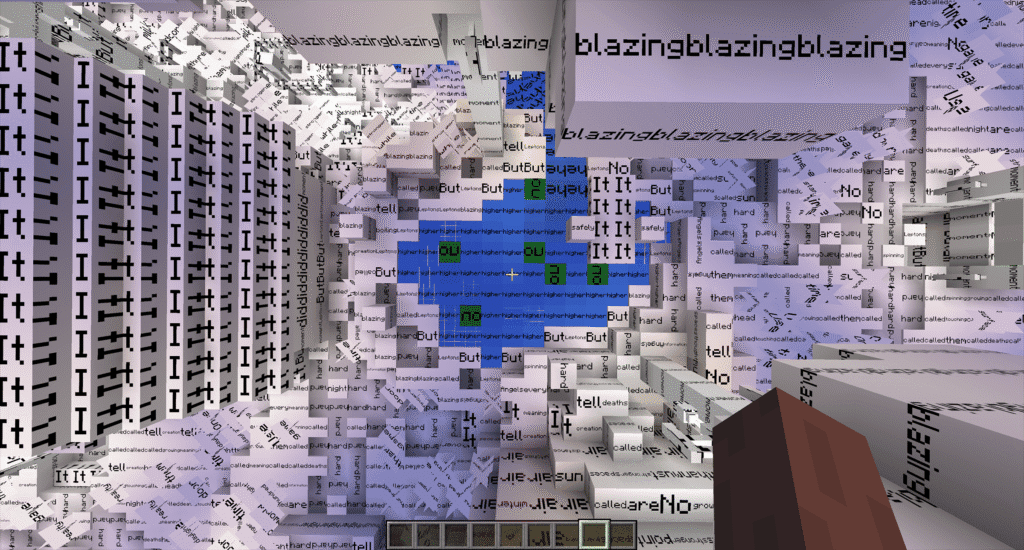 Glitch art with distorted text and pixelated blue center.