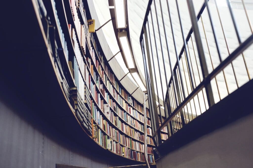 Curved library shelves with large windows letting in natural light.