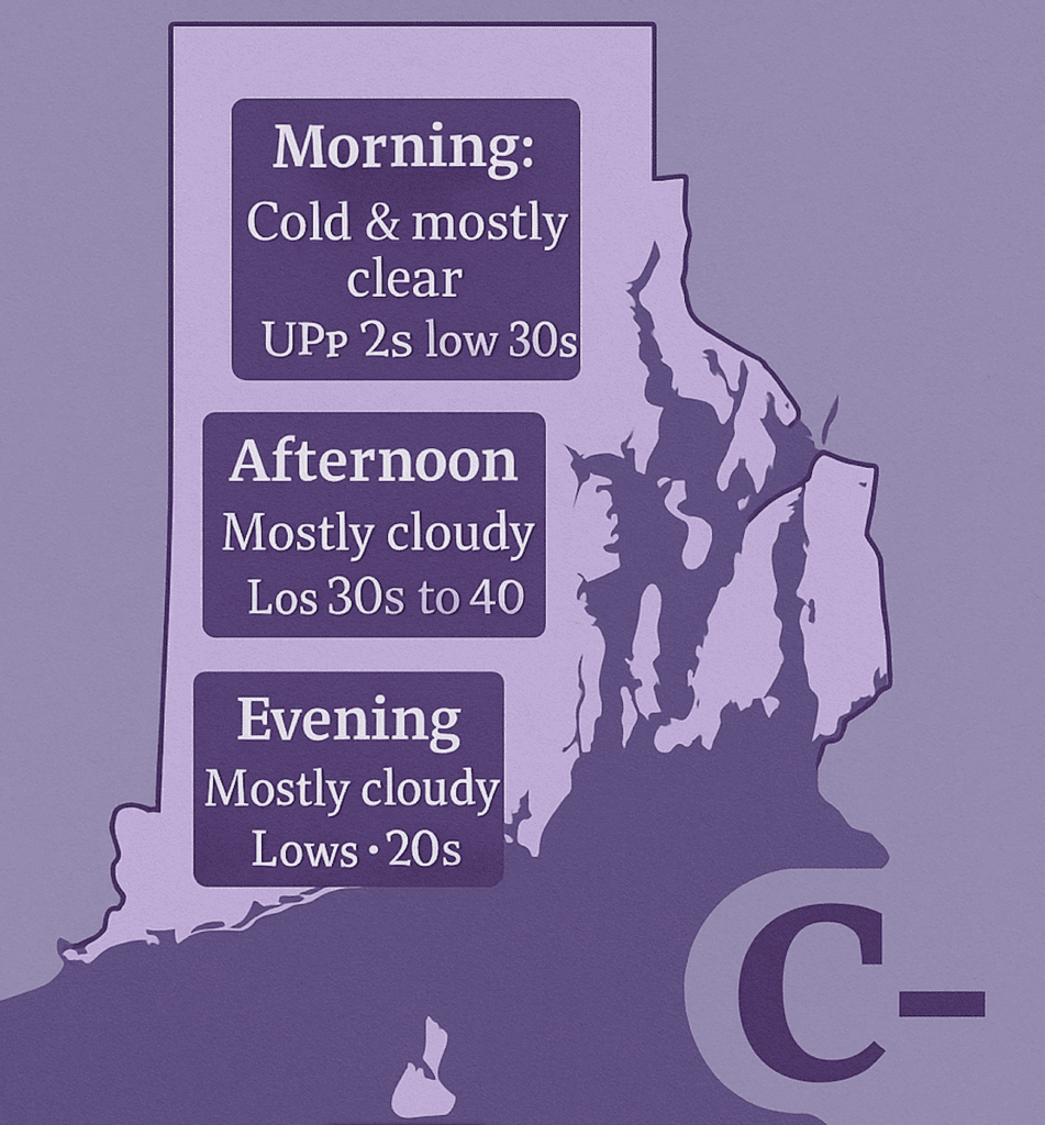 Weather forecast for a day with morning cold, afternoon and evening mostly cloudy skies.