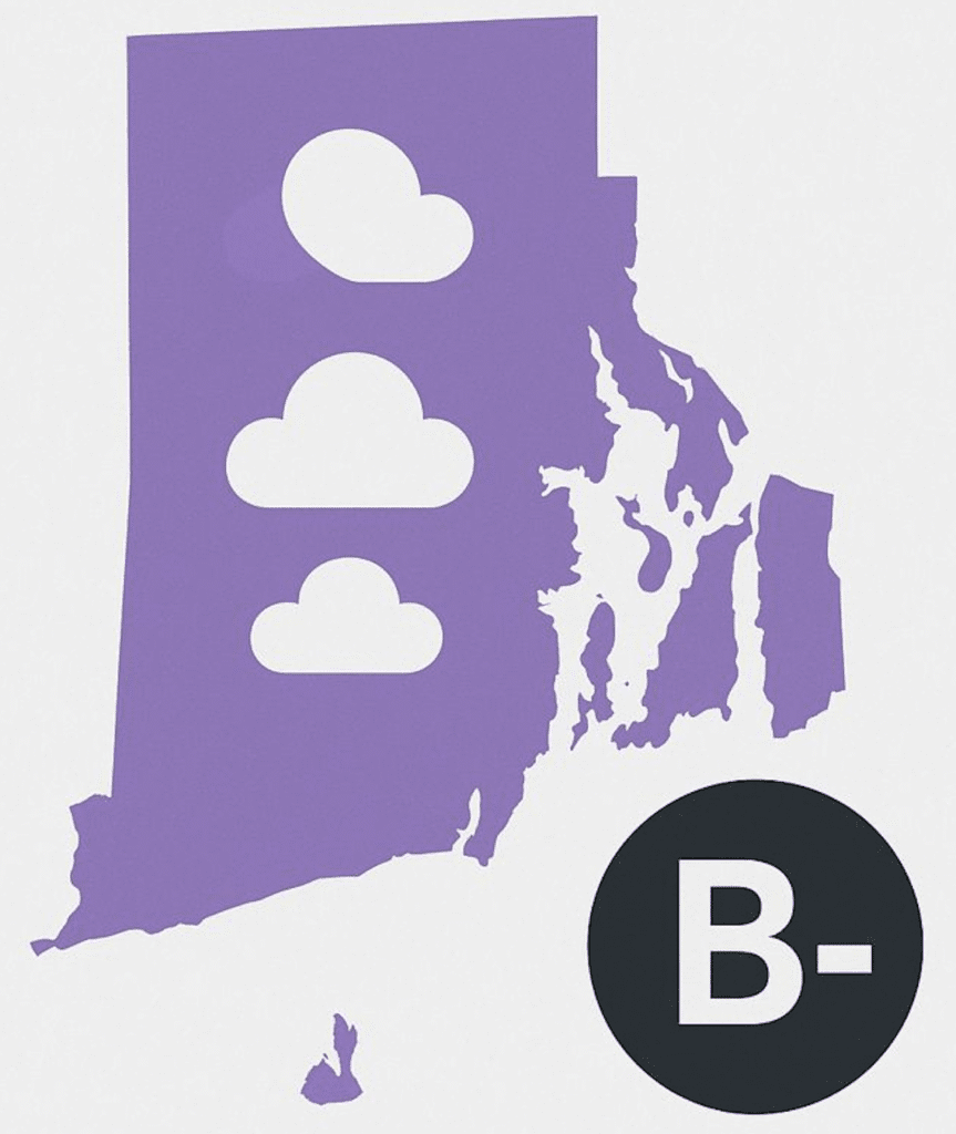 Rhode Island weather forecast showing cloudy skies and a B- grade.