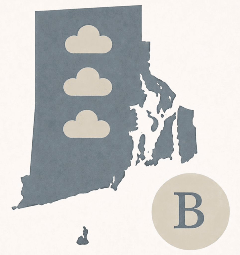 Rhode Island silhouette with cloud icons and a 'B' badge.