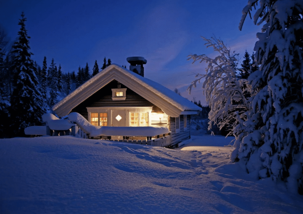 Cozy cabin warmly lit amidst snowy winter night.