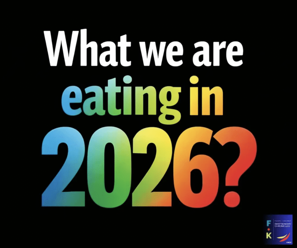 Colorful text asking about food in 2026 on black background.