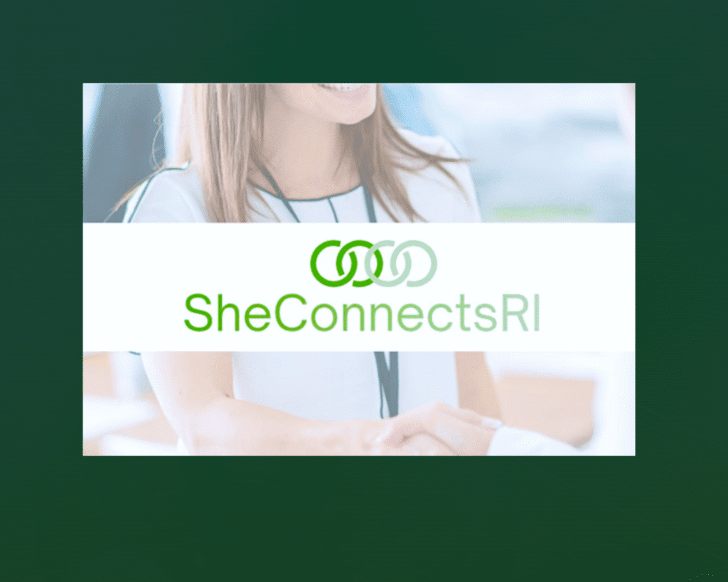 Logo of SheConnectsRI featuring green intertwined rings.