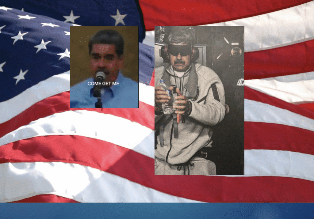 A split image of a man speaking and another holding a gun, with a waving American flag background.