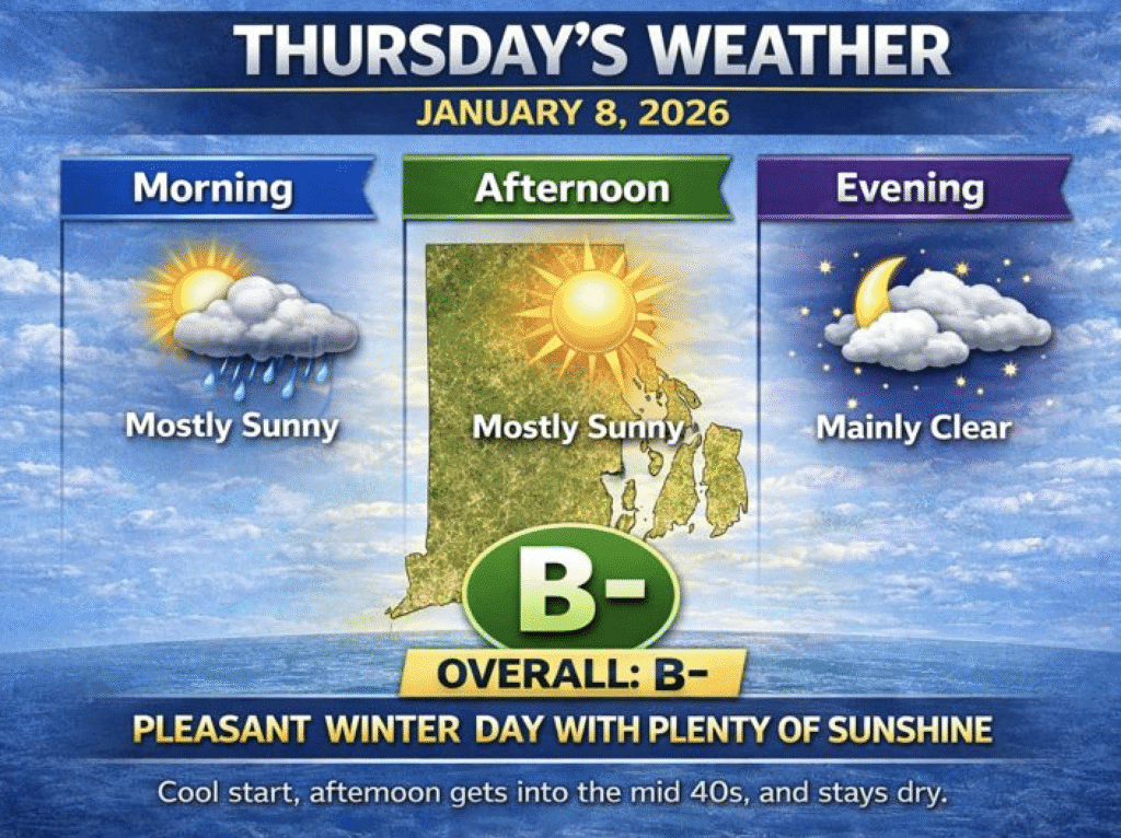 Weather forecast for Thursday, January 8, 2026, showing mostly sunny skies and a B- rating.