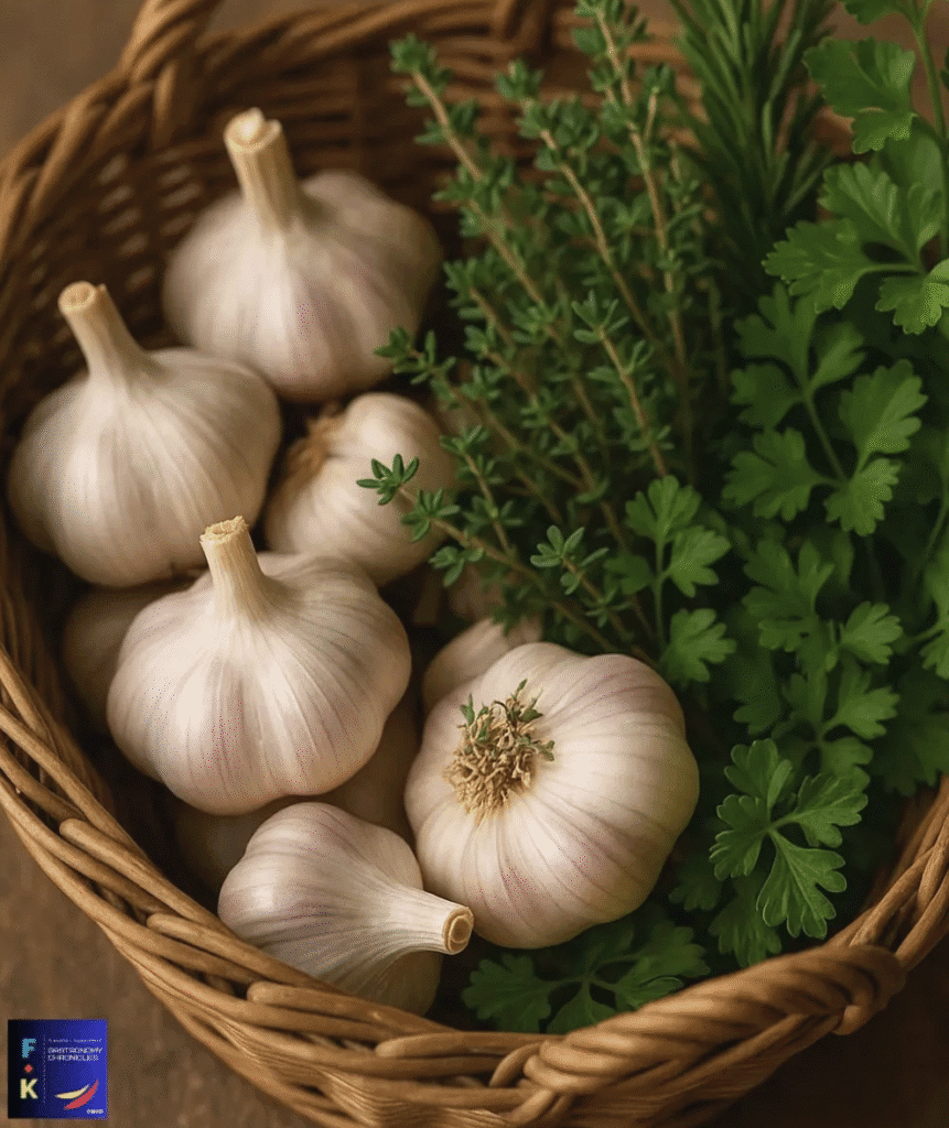 Basket of garlic bulbs with fresh green herbs.