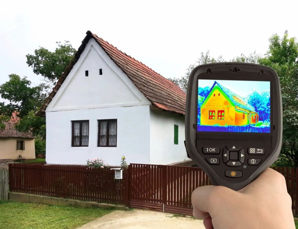 Thermal camera showing heat signatures on a white house.