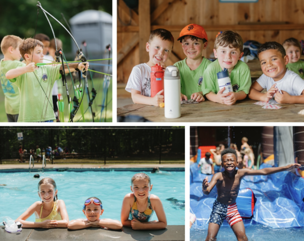 Kids enjoying archery, crafts, and swimming at summer camp.