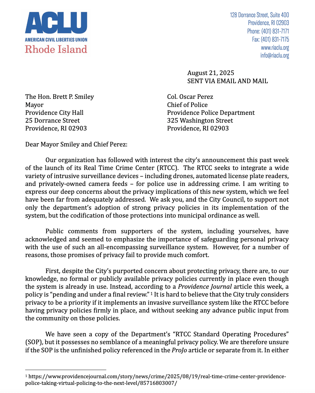 A typed letter on Providence Police Department letterhead dated August 21, 2015.