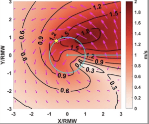 Contour map with overlaid vector field showing flow patterns and scalar values.