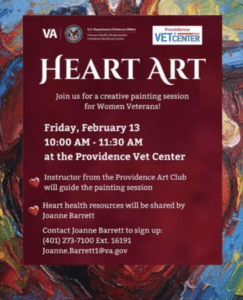Flyer for a women's creative painting session called Heart Art on Friday, February 13.