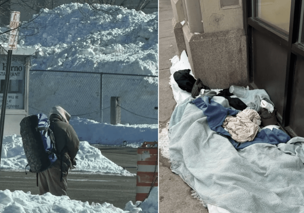 A snowy mountain scene with a person and backpack in the foreground.