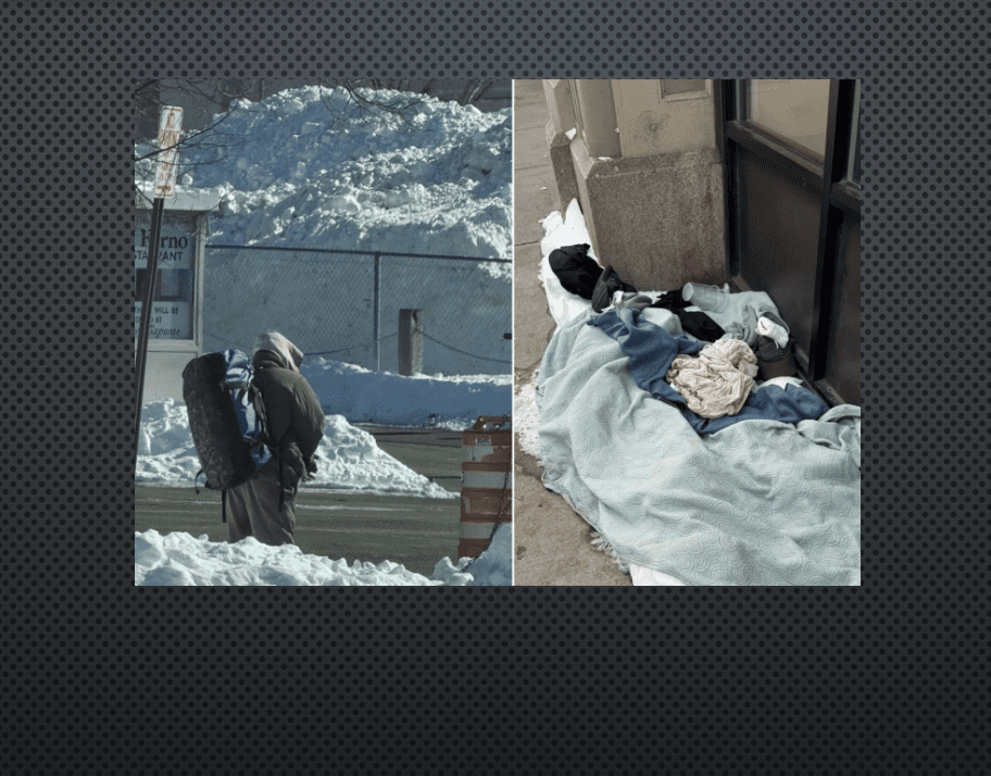 Two dogs resting in snowy outdoor areas, one on a bench and another on a blanket.